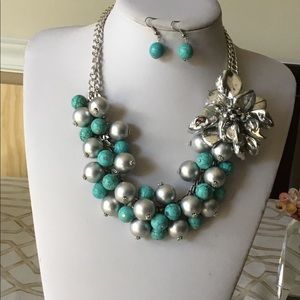 Turquoise And Silver bead side flower necklace set